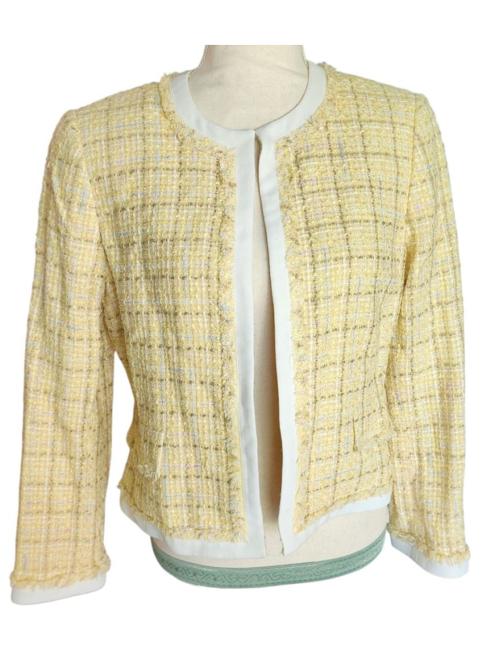 Tahari Arthur S. Levine Petite Yellow Tweed Jacket Blazer 8P Boucle Y2K Preppy